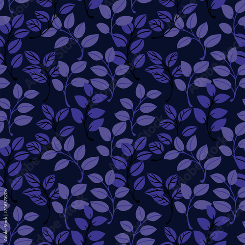 Monotone violet abstract branches leaves seamless pattern. Creative cute tiny leaf stems patterned. Vector hand drawn sketch doodle. Collage for printing, design, fabric