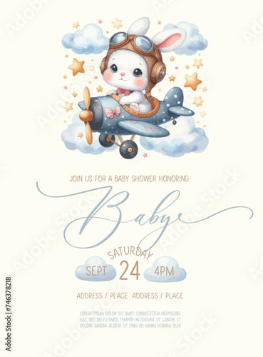 Cute baby shower watercolor invitation card with bunny pilot on an airplane.