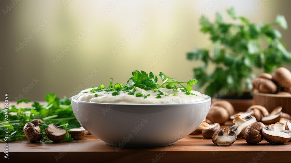 Creamy mushroom soup on blurred kitchen background with ample copy space - delicious and appetizing