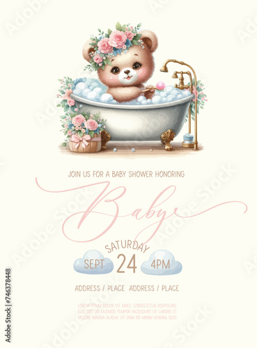 Cute baby shower watercolor invitation card with teddy bear girl takes a bath with foam.