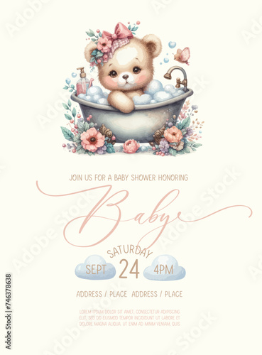 Cute baby shower watercolor invitation card with teddy bear girl takes a bath with foam.