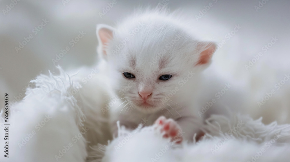 Newborn white kitten.