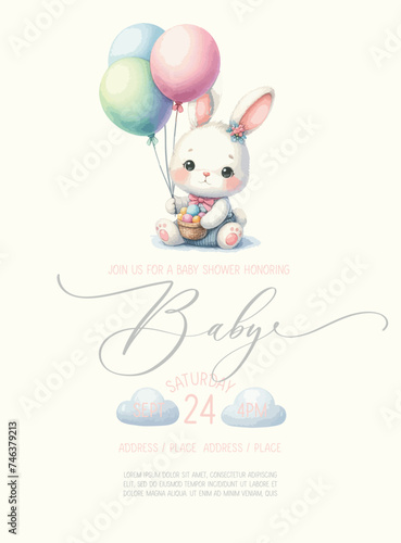 Cute baby shower watercolor invitation card with bunny and balloons.
