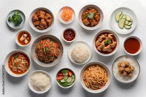 A top view of various Asian spices and seasonings on a white background