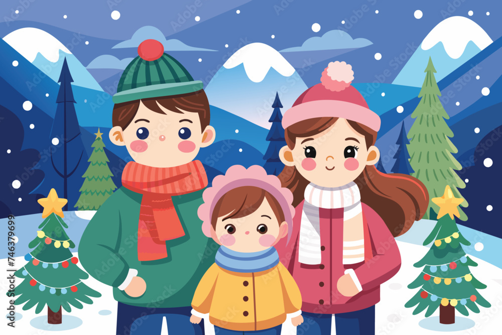 Winter's magic with a happy family vector illustration Winter's magic with a happy family vector illustration