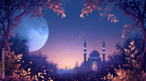 Mosque illustration with golden leaves frame at night with moon for Ramadan in spring greeting card