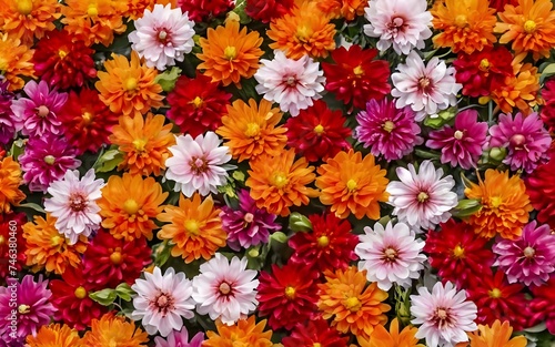 Wedding flower wall background adorned with vibrant red, orange, pink, purple, green, and white chrysanthemums