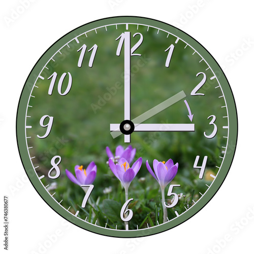 The clock shows the hand moving forward from 2 a.m. in winter to 3 a.m. in spring. Daylight saving time. The transition of time, the change of time, the shift to summer time. Isolated on white.