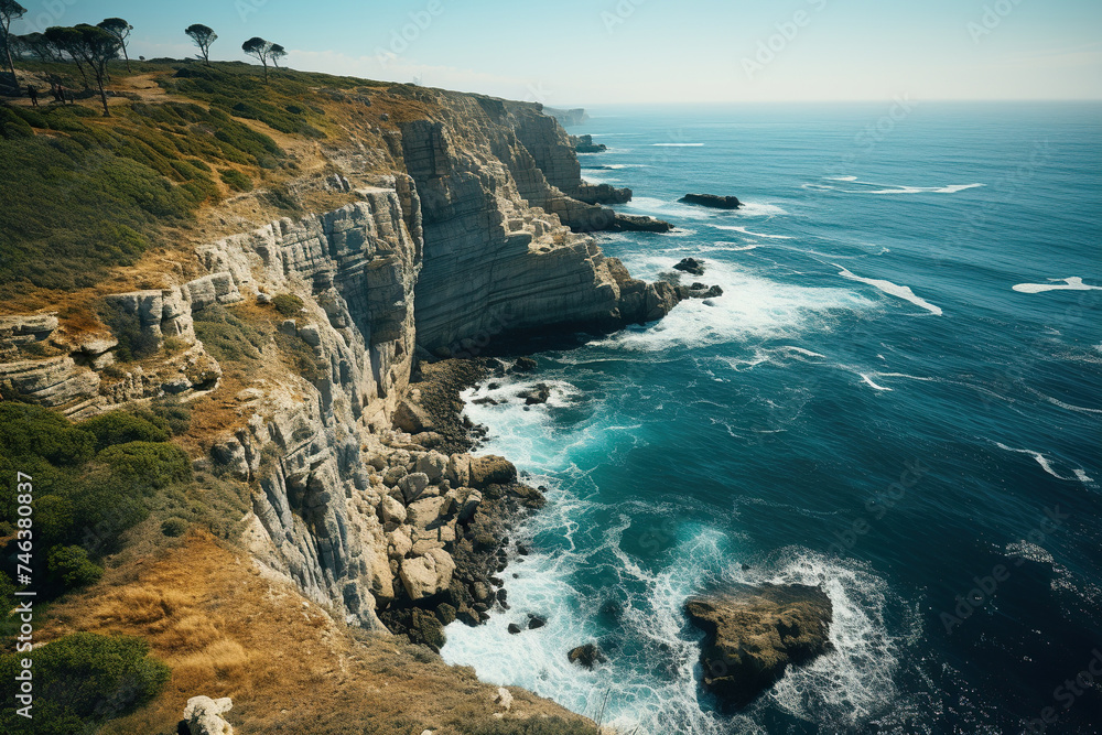 Fototapeta premium Beautiful landscape of a rocky seashore. Generated by artificial intelligence