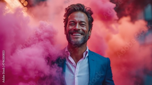 A cheerful smiling man in a formal suit in pink smoke. The man in pink powder