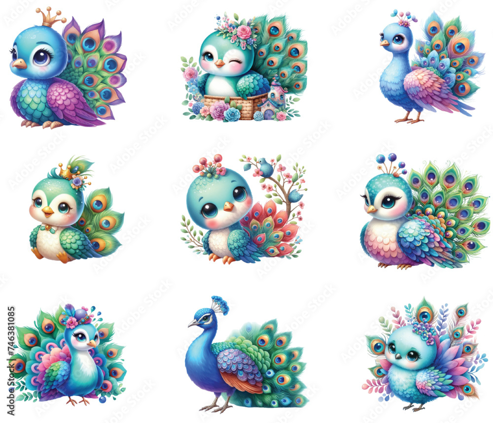 Obraz premium Cute Peacock Watercolor Clipart