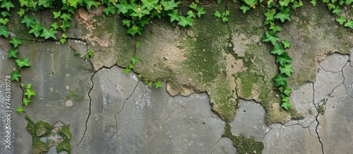 A vintage urban or grunge scene captured, showcasing ivy creepers thriving on cracked and mossy old cement walls.