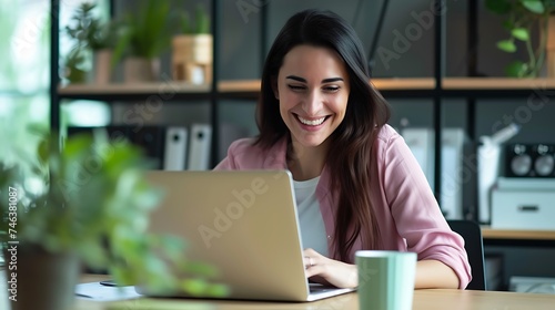 Woman Using Laptop at Table. Generative AI.