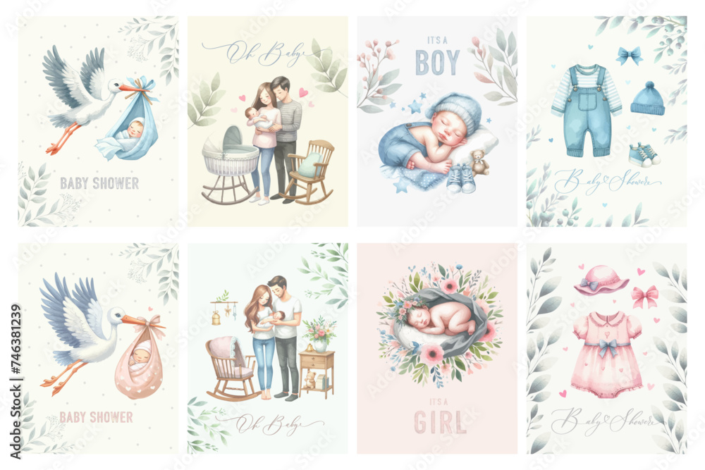 Obraz premium Watercolor Baby Shower Invitation templates with cute illustration of a happy family with a small baby, for congratulations on a newborn, stork with a child, baby clothes.