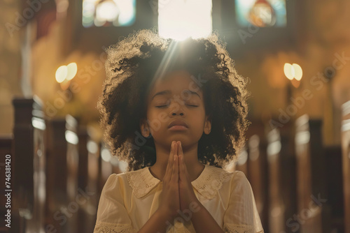 African American school girl praying in church.