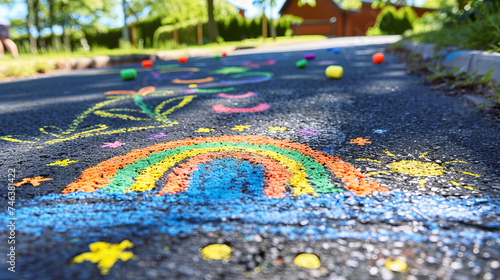 A child's drawing of a rainbow with various other elements drawn with colorful crayons.