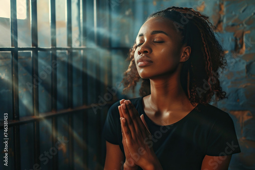 African American woman prays to god on dark prison. Cinematic effect photo