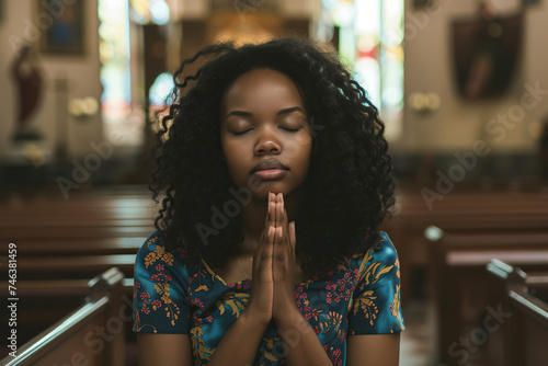 African American woman praying in church. Cinematic effect