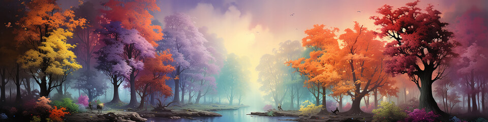 Leinwandbilder Purpur long panorama on row of colorful trees in a fantastic landscape of the forest rainbow spectrum autumn  © kichigin19