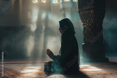 Arabian woman praying in mosque. Cinematic effect photo