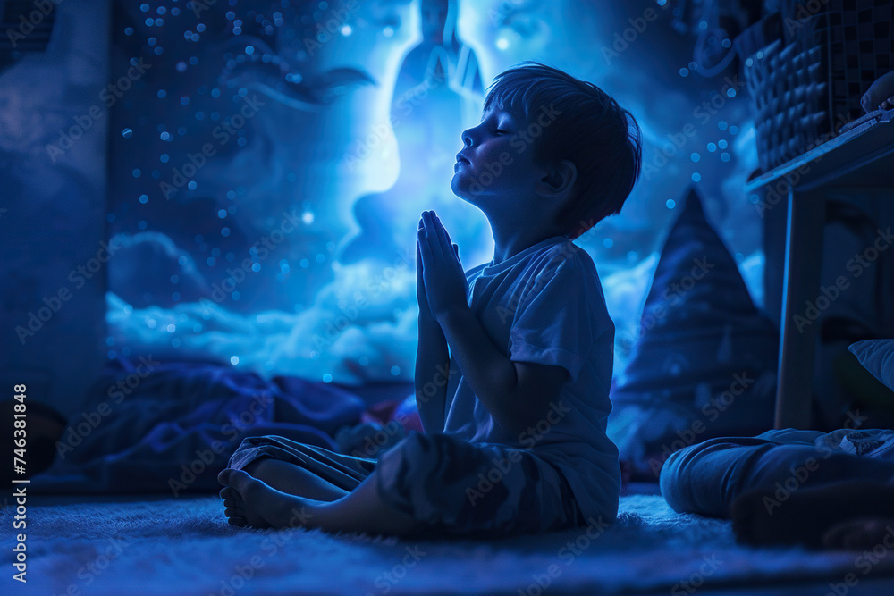 Caucasian boy prays to god in dark children room. Cinematic effect Caucasian boy prays to god in dark children room. Cinematic effect