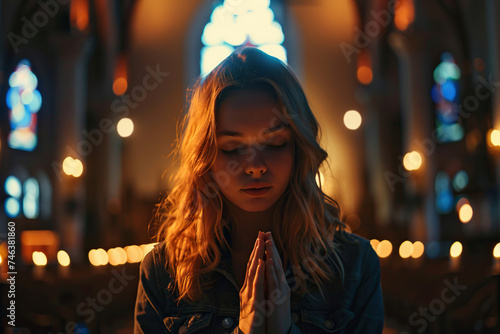 Caucasian girl praying in church. Cinematic effect © wolfhound911