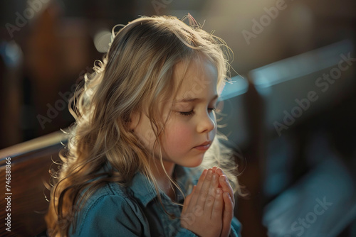 Caucasian girl praying in church. Cinematic effect