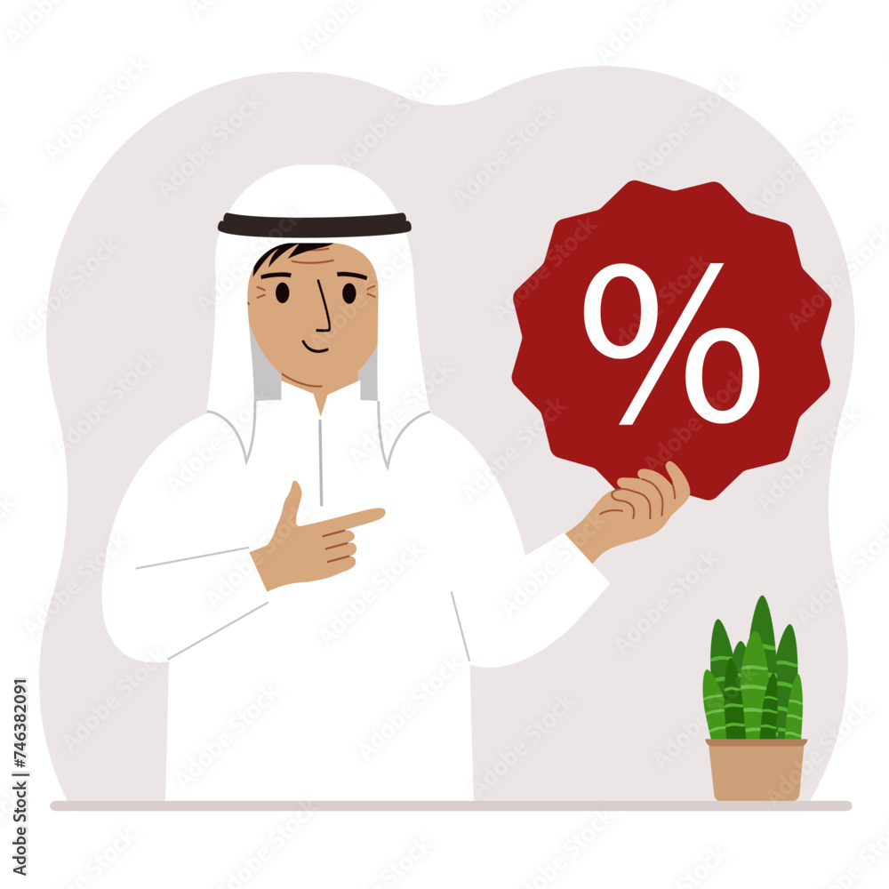 A man holds a percent sign in his hand. The concept of percentage, discount, promotion, interest rate, percent discount in shopping. A man holds a percent sign in his hand. The concept of percentage, discount, promotion, interest rate, percent discount in shopping.