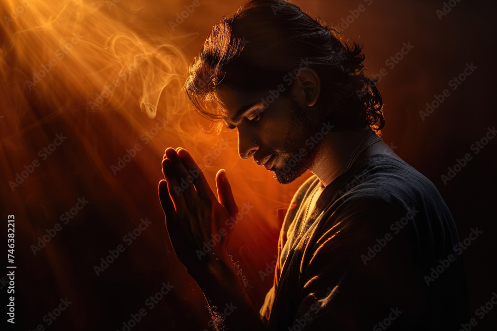 Indian man prays to god on dark studio background. Cinematic effect Indian man prays to god on dark studio background. Cinematic effect