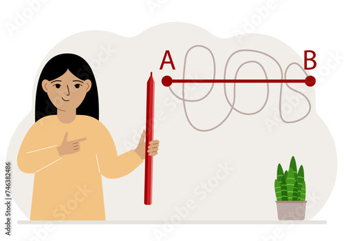 Little girl with a red pencil in her hand. A line is drawn from point A to point B, a straight and difficult path, the shortest distance to the goal, an easy or short path in study.
