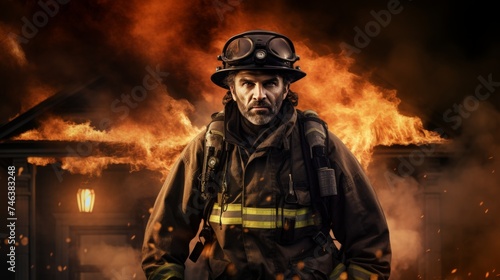 Heroic fireman in action, rescuing burning house with empty area for inserting text