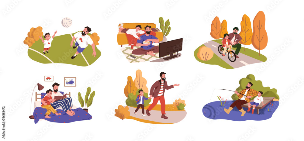 Dad and son set. Daddy spends time with kid: play football, teaches boy to ride a bicycle, reading book, walking, fishing with child. Fathers day concept. Flat isolated vector illustrations on white Dad and son set. Daddy spends time with kid: play football, teaches boy to ride a bicycle, reading book, walking, fishing with child. Fathers day concept. Flat isolated vector illustrations on white