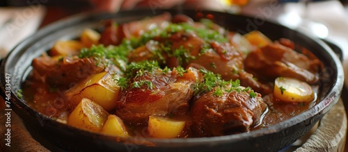 A close-up view of a bowl filled with food placed on a wooden table. The dish appears to be freshly prepared and inviting.