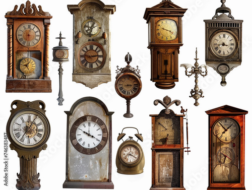 Antique Clocks Collection Isolated on White