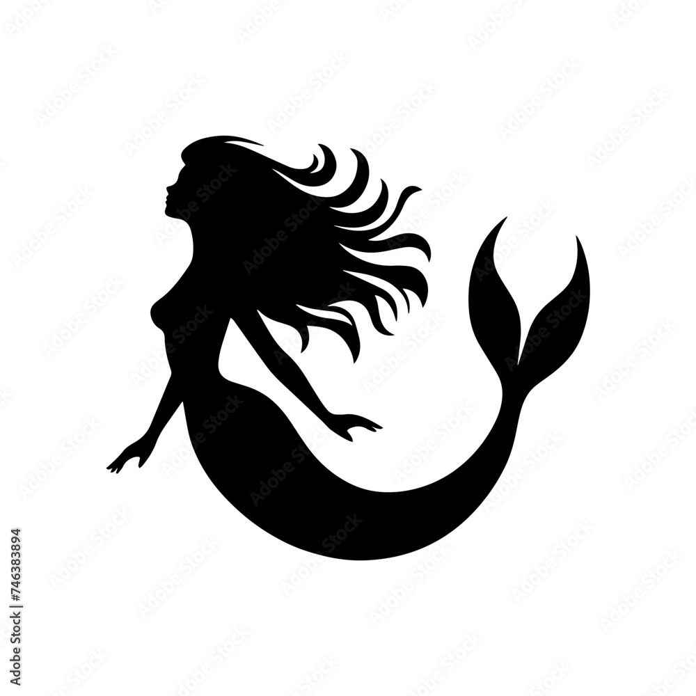 Vector illustration. Mermaid silhouette on a white background. Printable sticker. Vector illustration. Mermaid silhouette on a white background. Printable sticker.