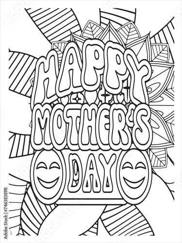 Best mom font with flowers pattern. Hand drawn with black and white lines. Doodles art forMom Hustle or greeting card Motivational quotes coloring page with mandala background.