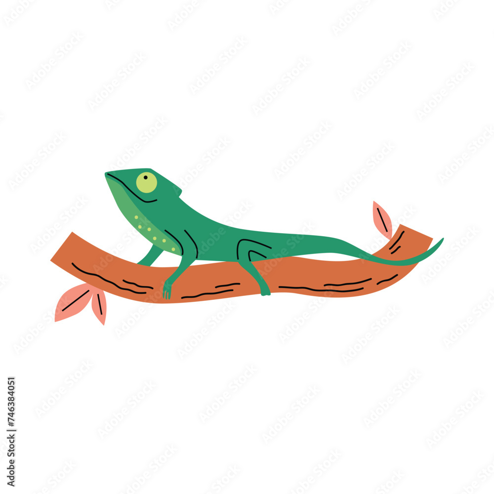 Naklejka premium Green chameleon on branch vector illustration