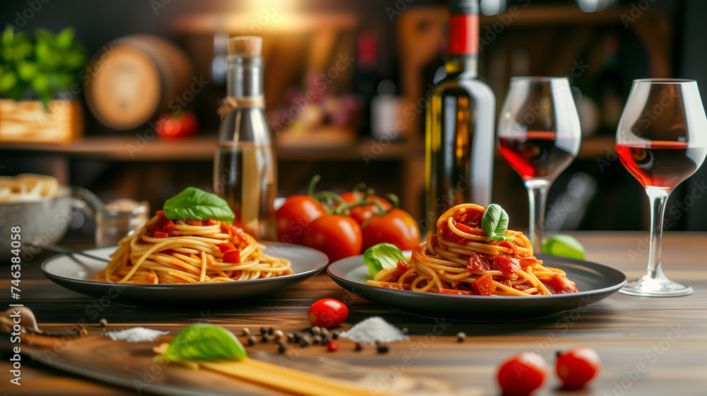 Plates of spaghetti with tomato sauce and a basil leaf, on a wooden shelf where there are tomatoes, black pepper, a bottle of wine, two glasses of wine, Italian environment