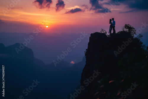 silhouette of a couple on top of the mountain at sunset