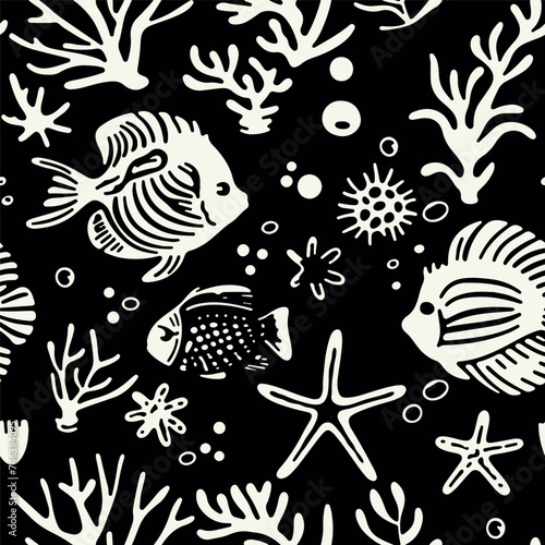 Vector seamless pattern. Surface design with fish. Stylised graphic repeating texture. Underwater ocean life with starfishes and algaes. 