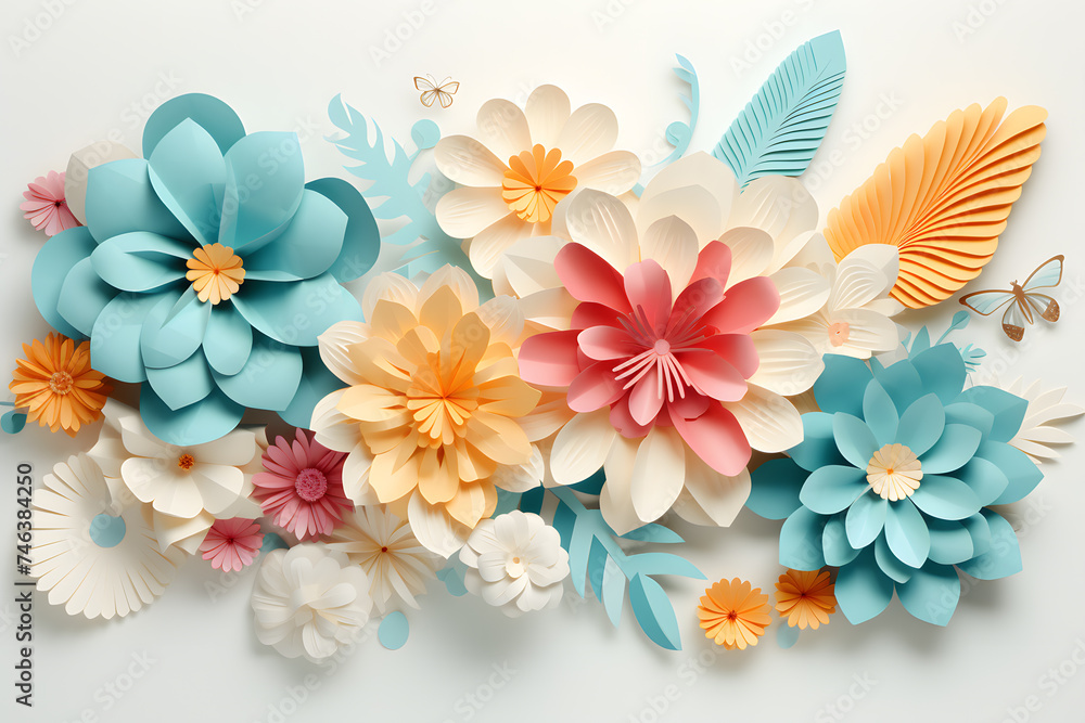 Beautiful paper flowers in pastel color palette. Paper art botanical background. Beautiful paper flowers in pastel color palette. Paper art botanical background.