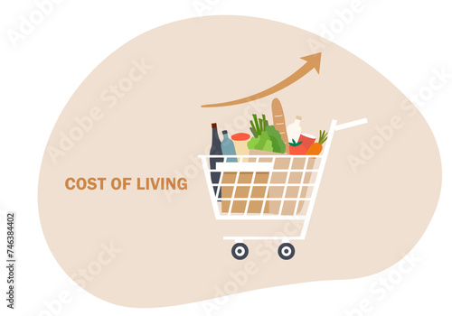 Grocery shopping cart with high graph. Cost of living, growth of grocery price, economic inflation vector illustration