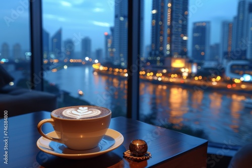 Hot drink with Rosetta Latte art at break time. Generative AI photo