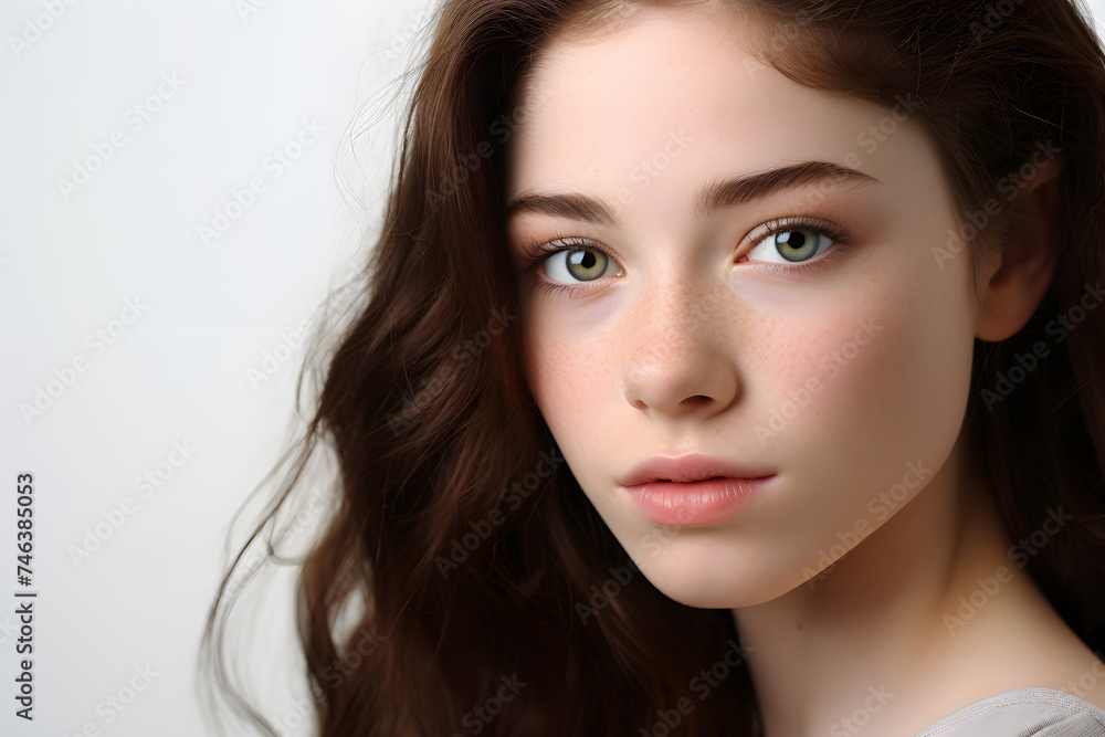 Pretty brunette teenage girl with green eyes in front of gray background Pretty brunette teenage girl with green eyes in front of gray background