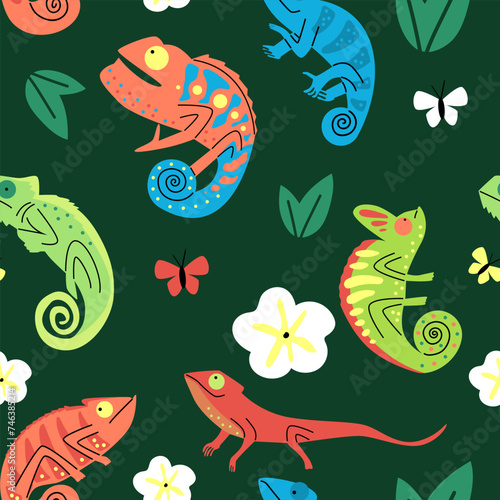 Playful chameleons and butterflies vector pattern