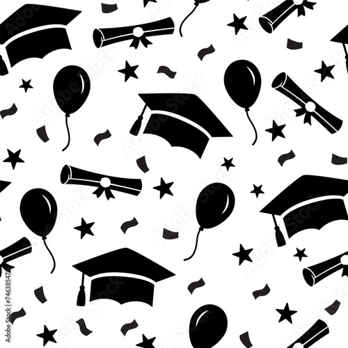 Vector seamless pattern for graduation, education background with silhouettes of graduate cap, diploma scroll, stars and balloons. © Olga