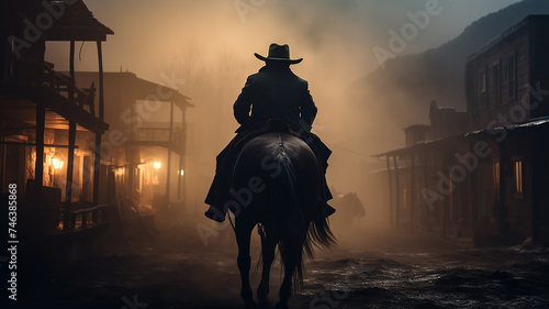 cowboy view from the back, wild west, retro landscape in the town historical reconstruction fictional graphics