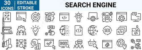 Search Engine Optimization vector web line icons. SEO and Business research outline icon set