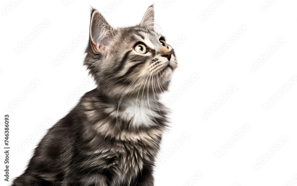 Small Kitten Gazing Up at the Sky. A small kitten is looking up at the sky curiously, its eyes fixed on something above. on a White or Clear Surface PNG Transparent Background.