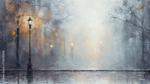 autumn watercolor light gray background, street lamp on a blurry background copy  space blank greeting form
